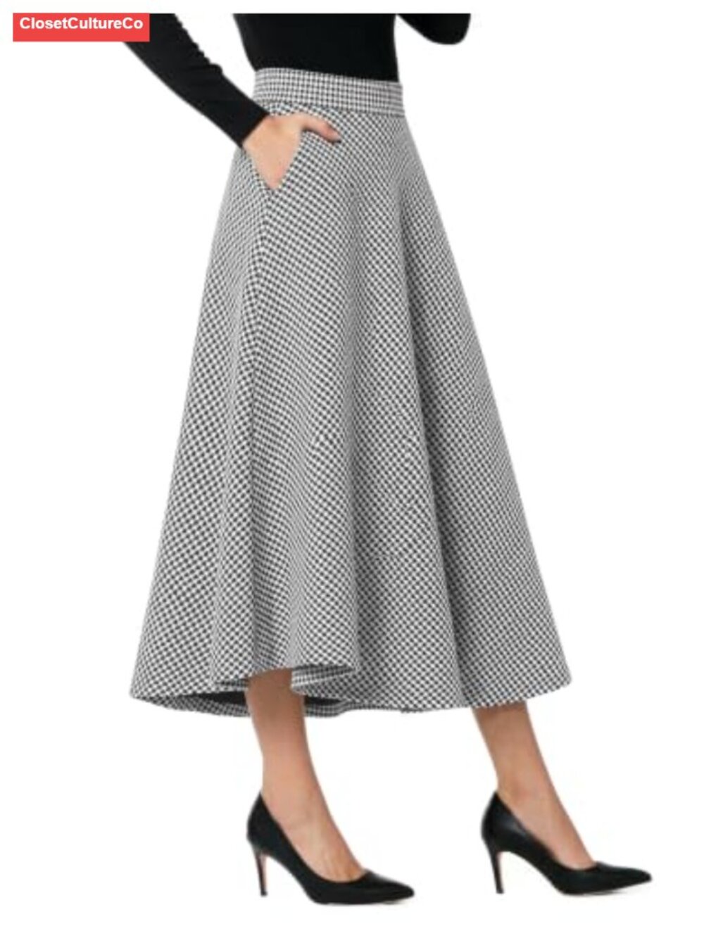 Plaid A-Line Skirt High Waisted Elastic Waist Flowy Midi with Pockets